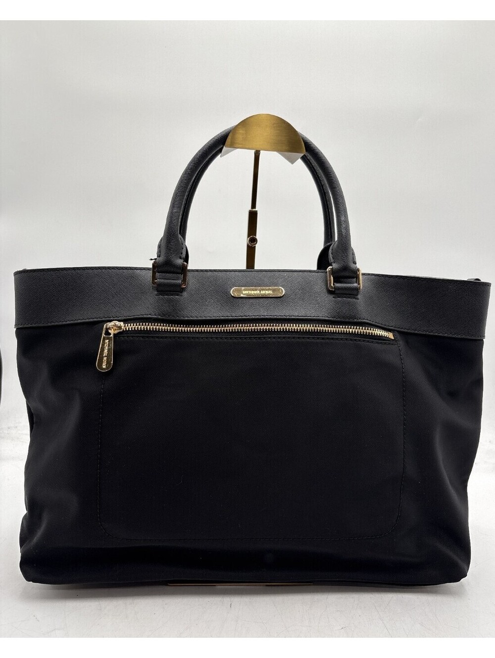 Michael Kors Black Nylon Saffiano Leather Tote Bag Gold Hardware